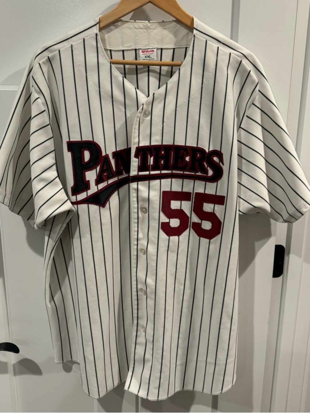 VTG Carolina Panthers Pinstripe Baseball Jersey - White & Maroon XXL
